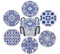 Sottobicchieri assorbenti in ceramica per bevande, set di supporti in metallo, asciutti e puliti, fondo in sughero antiscivolo, porcellana blu e bianca, perfetti per soggiorno, cucina o uso esterno