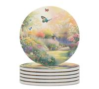 Sottobicchieri assorbenti per bevande, 6 pezzi, sottobicchieri in ceramica con pittura ad di fiori e farfalle da giardino del villaggio, per tavolo in legno, adatti a diversi tipi di tazze,