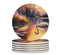 Sottobicchieri assorbenti per bevande, 6 pezzi, tramonto, lago dei cigni con fiori, albero, montagna, sottobicchieri in ceramica per tavolo in legno, adatti a diversi tipi di tazze, decorazioni per la