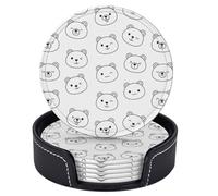 Sottobicchieri bianchi con faccia di orso dei cartoni animati per bevande con supporto, set di 6 sottobicchieri rotondi in pelle resistenti al calore, per la protezione del tavolo, decorazione della c