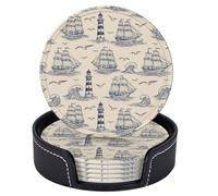 Sottobicchieri blu con motivo a nave a vela, faro, onda, per bevande con supporto, set di 6 sottobicchieri rotondi in pelle resistenti al calore, sottobicchieri per proteggere il tavolo, decorazioni