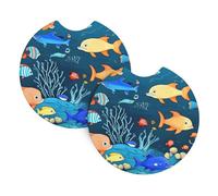 Sottobicchieri blu sottomarini con stampa mondo di pesci, confezione da 2 - 6,9 cm con una tacca per le dita, per donne e uomini
