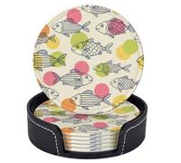 Sottobicchieri circolari colorati a forma di pesce geometrico per bevande con supporto, set di 6 sottobicchieri rotondi in pelle resistenti al calore, sottobicchieri per la protezione del tavolo, deco