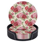 Sottobicchieri con motivo a peonia rosa e rossa per bevande con supporto, set di 6 sottobicchieri rotondi in pelle resistenti al calore, per proteggere il tavolo, decorazioni per la casa, cucina e reg