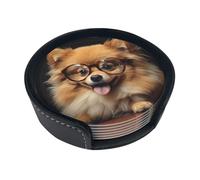 Sottobicchieri con stampa di cane Pomerania che indossa occhiali, sottobicchieri rotondi in pelle per tazze in ceramica, tazze da caffè, casa, bar, ufficio, set da 6