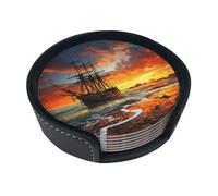 Sottobicchieri con stampa di nave pirata al tramonto, sottobicchieri rotondi in pelle per tazze in ceramica, tazze da caffè, casa, bar, ufficio, set da 6