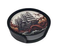 Sottobicchieri con stampa di tentacoli di polpo e nave, sottobicchieri rotondi in pelle per tazze in ceramica, tazze da caffè, casa, bar, ufficio, set da 6