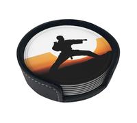 Sottobicchieri con stampa silhouette di karate, sottobicchieri rotondi in pelle per tazze in ceramica, tazze da caffè, casa, bar, ufficio, set da 6
