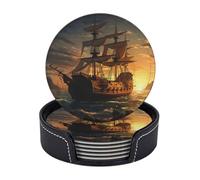 Sottobicchieri con supporto, 6 pezzi, rotondi, per bevande, a forma di nave pirata, resistenti al calore, per tazze, sottobicchieri antiscivolo in pelle, per tavolini da caffè, cucina, sala da pranzo,