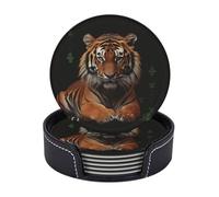 Sottobicchieri con supporto, 6 pezzi, rotondi, per bevande, con motivo a tigre e zampe, resistenti al calore, per tazze, sottobicchieri antiscivolo in pelle, per tavolini da caffè, cucina, sala da pra