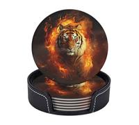 Sottobicchieri con supporto, 6 pezzi, rotondi, per bevande, con tigre e fiamma, resistenti al calore, per tazze, sottobicchieri antiscivolo in pelle, per tavolini da caffè, cucina, sala da pranzo, bar