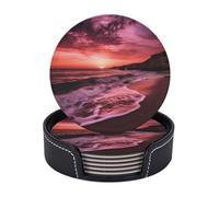 Sottobicchieri con supporto, 6 pezzi, rotondi, per bevande, motivo: tramonto sulla spiaggia rosa, resistenti al calore, per tazze, sottobicchieri antiscivolo in pelle, per tavolini da caffè, cucina, s
