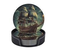 Sottobicchieri con supporto, 6 pezzi, rotondi, per bevande, stile nautico, vintage, a forma di nave pirata, resistenti al calore, per tazze, sottobicchieri antiscivolo in pelle, per tavolini da caffè,