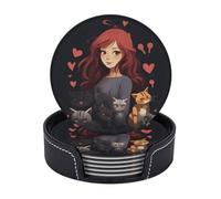 Sottobicchieri con supporto, 6 pezzi, sottobicchieri "Una ragazza che ama i gatti", resistenti al calore, sottobicchieri in pelle antisciv