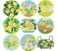 Sottobicchieri Diamond Painting con Supporto, Kit Fai da Te 8 Pezzi 10x10cm Acrilico, Attività per Adulti e Bambini, Motivi Limone, Regalo Creativo per Principianti