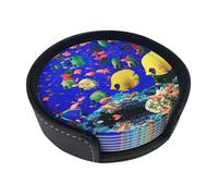 Sottobicchieri divertenti con stampa di pesci marini, 6 pezzi, in pelle, con supporto, per ufficio, cucina, sala da pranzo, soggiorno, 9,9 cm