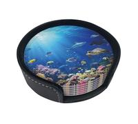 Sottobicchieri divertenti con stampa di pesci tropicali e tartaruga, 6 pezzi, in pelle, con supporto, per ufficio, cucina, sala da pranzo, soggiorno, 9,9 cm