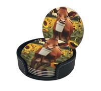 Sottobicchieri eleganti - Mucca tra girasoli Set di 6 sottobicchieri rotondi in pelle con supporto - Dimensioni perfette per tazze e bicchieri