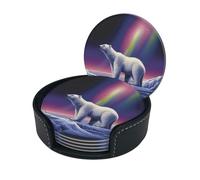Sottobicchieri eleganti - Set di 6 sottobicchieri rotondi in pelle con orso polare dell'aurora boreale con supporto - Dimensioni perfette per tazze e bicchieri