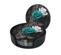 Sottobicchieri eleganti - Set di 6 sottobicchieri rotondi in pelle con rosa verde acqua e supporto - Dimensioni perfette per tazze e bicchieri