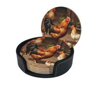 Sottobicchieri eleganti - Set di 6 sottobicchieri rotondi per bevande in pelle con pollo arrosto e gallina con supporto - Dimensioni perfette per tazze e bicchieri