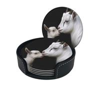 Sottobicchieri eleganti - Simpatico cucciolo di capra con mamma Set di 6 sottobicchieri rotondi in pelle con supporto - Dimensioni perfette per tazze e bicchieri