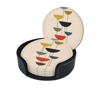 Sottobicchieri eleganti - Stampe moderne di metà secolo Set di 6 sottobicchieri rotondi in pelle con supporto - Dimensioni perfette per tazze e bicchieri