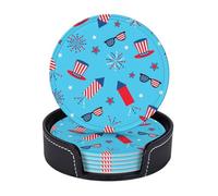 Sottobicchieri estivi in pelle di alta qualità con motivo a fuochi d'artificio blu cielo per il giorno dell'indipendenza - Set da 6 con supporto, eleganti sottobicchieri per bevande per cucina, caffè