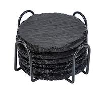 Sottobicchieri in ardesia con supporto, 6 sottobicchieri rotondi rustici fatti a mano, neri per bar, casa, ristorante, hotel, ufficio, ottimo strumento robusto, ideale per tazze da tè, caffè, tazza