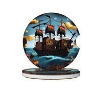 Sottobicchieri in ceramica con nave pirata dei cartoni animati, confezione da 2, in ceramica e sughero, possono essere posizionati su auto, furgoni, barche, SUV e camion