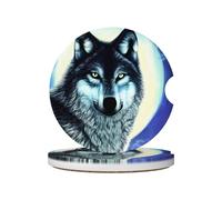 Sottobicchieri in ceramica per auto, motivo: lupo sotto luna, confezione da 2, in ceramica e sughero, possono essere posizionati su auto, furgoni, barche, SUV e camion