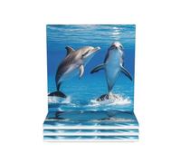 Sottobicchieri in ceramica per bevande, quadrati, con supporto in metallo, due delfini, set di 4 sottobicchieri protettivi da tavolo per la decorazione della casa