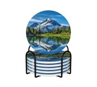 Sottobicchieri in ceramica per bevande, set di 6 sottobicchieri rotondi con supporto in metallo Riflessione di montagna nel lago sottobicchiere in ceramica tappetino di protezione da tavolo per la