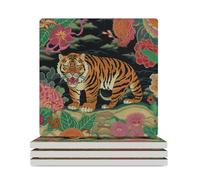 Sottobicchieri in ceramica quadrati, tigre e cineserie, con motivo floreale colorato, per proteggere il tavolo, il tavolino da caffè, l'ufficio, la casa, idea regalo per l'inaugurazione della casa, 4