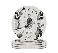 Sottobicchieri in ceramica, set da 4 pezzi con motivo jazz band, strumenti musicali e note. Sottobicchieri rotondi per bevande, protezione per il tavolo, tappetino decorativo per tazze, tavolino