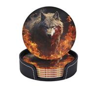 Sottobicchieri in pelle con supporto, motivo: lupo che brucia nel fuoco, set di 6 sottobicchieri resistenti al calore, per proteggere il tavolo e decorare la scrivania