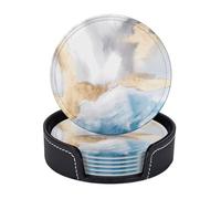 Sottobicchieri in pelle di alta qualità con inchiostro blu, oro e bianco, effetto marmo e, per pittura a olio - Set da 6 con supporto, eleganti sottobicchieri per bevande, per cucina, caffè