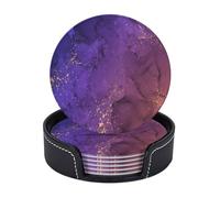 Sottobicchieri in pelle di alta qualità con inchiostro sfumato marmoreo viola grigio filo d'oro - Set da 6 con supporto, eleganti sottobicchieri per bevande per cucina, caffè e arredamento per la casa