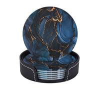 Sottobicchieri in pelle di alta qualità con motivo astratto in marmo sfumato, blu scuro e filo d'oro - Set da 6 con supporto, eleganti sottobicchieri per bevande per cucina, caffè e arreda