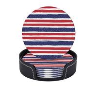 Sottobicchieri in pelle di alta qualità con strisce rosse e blu della bandiera degli Stati Uniti per il Giorno dell'Indipendenza - Set da 6 con supporto, eleganti sottobicchieri per bevande per cucina