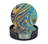 Sottobicchieri in pelle di alta qualità con texture blu e gialla, motivo semplice e astratto, set da 6 con supporto, eleganti sottobicchieri per bevande, per cucina, caffè e arredamento per la casa.