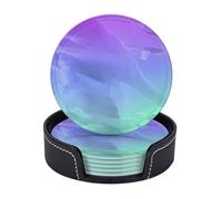 Sottobicchieri in pelle di alta qualità con texture viola verde acqua e inchiostro Marble Ombre Simple Art - Set da 6 con supporto, eleganti sottobicchieri per bevande per cucina, caffè e arredamento