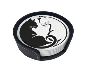 Sottobicchieri in pelle per bevande, tappetino rotondo per tazze, per uso domestico e in cucina, compatibile con il sottobicchiere Yin Yang Black and White Sleepy Cat