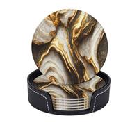 Sottobicchieri in pelle premium 3D con motivo astratto in marmo e, oro, bianco e nero - Set da 6 con supporto, eleganti sottobicchieri per bevande per cucina, caffè e arredamento per la cas