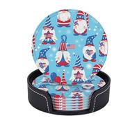 Sottobicchieri in pelle premium blu cielo a forma di gnomo per il Giorno dell'Indipendenza del 4 luglio - Set da 6 con supporto, eleganti sottobicchieri per bevande per cucina, caffè e arredamento per