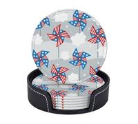 Sottobicchieri in pelle premium con bandiera americana e nuvola bianca per il giorno dell'indipendenza - Set da 6 con supporto, eleganti sottobicchieri per bevande per cucina, caffè e arredamento per
