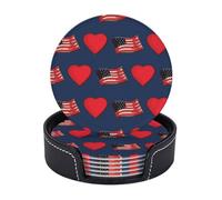 Sottobicchieri in pelle premium con bandiera degli Stati Uniti e scritta Red Heart Independence Day del 4 luglio - Set da 6 con supporto, eleganti sottobicchieri per bevande per cucina, caffè e arreda