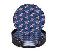 Sottobicchieri in pelle premium con bandiera degli Stati Uniti, motivo: Navy Blue Star, Giorno dell'Indipendenza, 4 luglio - Set da 6 con supporto, eleganti sottobicchieri per bevande per cucina, caff