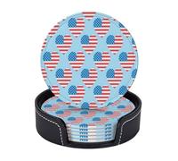 Sottobicchieri in pelle premium con bandiera USA e cuore blu per il Giorno dell'Indipendenza del 4 luglio - Set da 6 con supporto, eleganti sottobicchieri per bevande per cucina, caffè e arredamento p