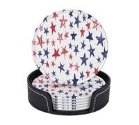 Sottobicchieri in pelle premium con stella rossa e bianca dei cartoni animati per il giorno dell'indipendenza del 4 luglio - Set da 6 con supporto, eleganti sottobicchieri per bevande per cucina, caff